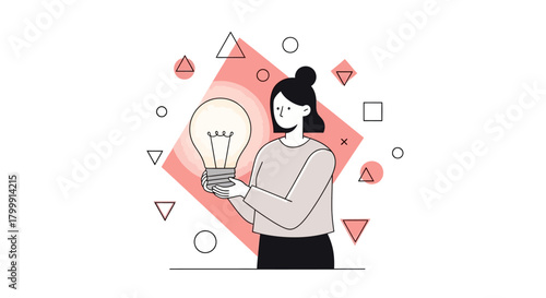 Modern woman holding bright lightbulb symbolizing fresh creative ideas and innovative solutions for business growth in a dynamic environment