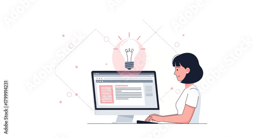 Creative woman crafting innovative ideas online with bright bulb, digital solutions for business growth, and modern technology for success