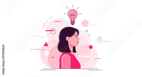 Creative woman with a brilliant idea represented by lightbulb above her head, surrounded by abstract elements, symbolizing innovation and new ventures