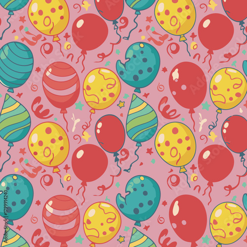 Birthday party balloons and confetti seamless pattern on a light pink background. Colorful cartoon balloons of various shapes and patterns, confetti, and ribbons fill the background.