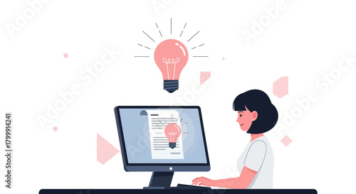 Creative woman with a bright idea working on a computer in a modern office, generating innovative solutions and fresh perspectives for business growth