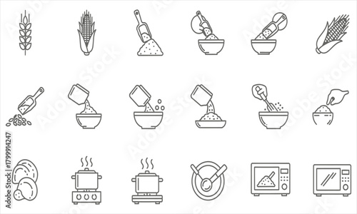 Collection of icons representing food ingredients and cooking processes like grains, vegetables, and kitchen appliances