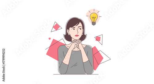 Brainstorming woman finds creative solution with lightbulb moment, surrounded by abstract shapes, conveying innovation and modern thinking