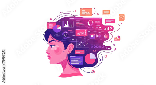 Data-driven decision making shown with a woman's profile and statistical graphs, perfect for business intelligence and analytics marketing campaigns