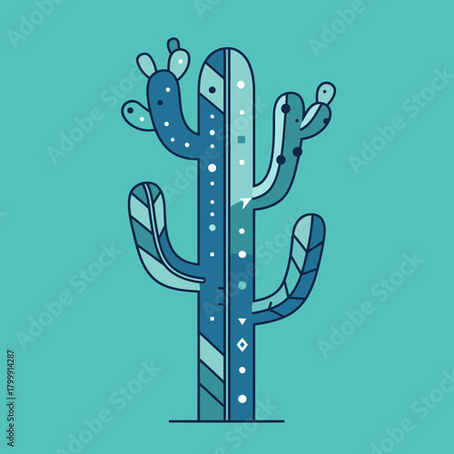 Abstract stylized depiction of a desert cactus in a teal background. Modern, graphic design with geometric patterns adorning the cactus.
