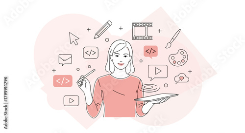 Creative woman designing digital content with style and grace, a modern artist crafting user interfaces with passion and vision, perfect for innovative businesses