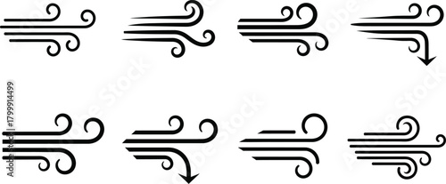 Collection of stylized wind icons representing different wind directions and strengths with swirling lines