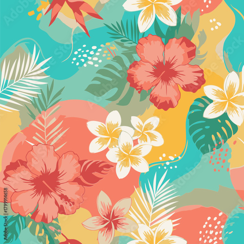 Tropical floral pattern with vibrant colors and various tropical flowers/plants. Colorful abstract background with a design for fabric or wallpaper.