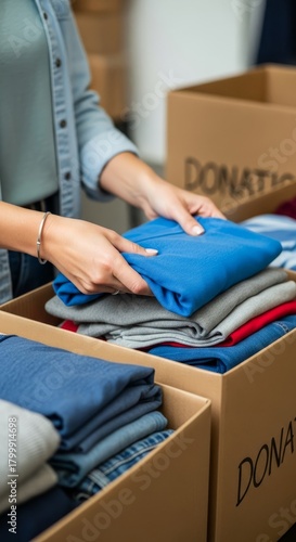 Clothing donation concept with people sorting and organizing garments