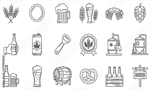 Collection of Outline Icons Representing Beer Brewing and Enjoyment