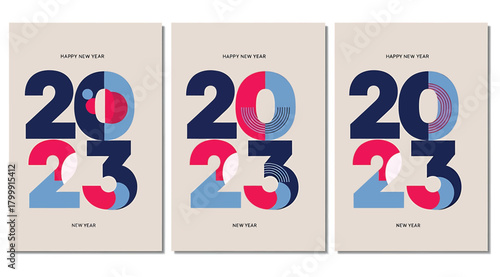 Modern abstract graphic design for the year 2023, featuring bold typography and geometric shapes in a triptych layout with a neutral background, suitable for festive or corporate use