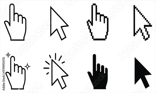 Collection of diverse computer mouse cursor icons featuring hand and arrow click pointers for modern user interface design projects