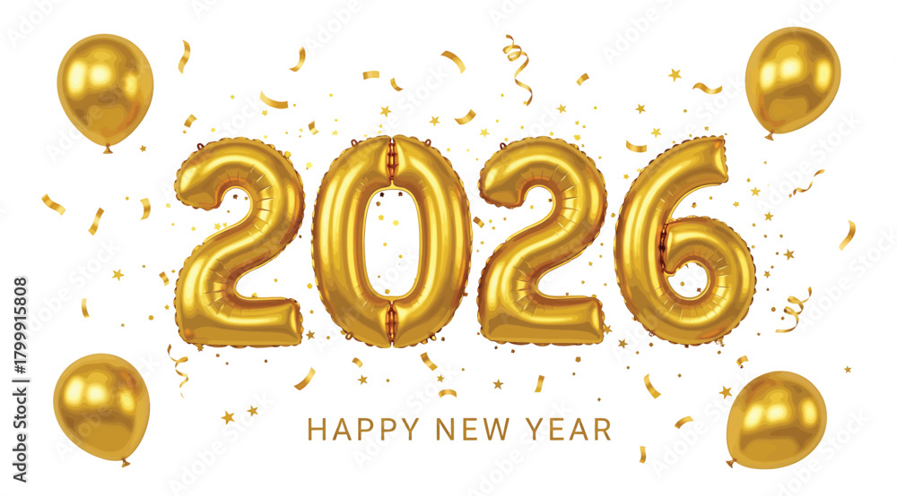 Obraz premium Golden balloons and confetti spelling out 2026 with the text happy new year below, isolated on