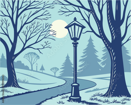 Winter park scene with lamppost and bare trees