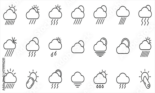 Collection of Weather Icons Sun, Clouds, Rain, and Snow - Vector Graphics