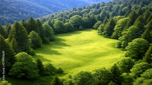 Lush green meadow surrounded by dense forest in sunlight