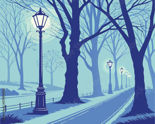 Streetlight with bare trees at night