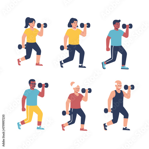 A diverse group of men and women of various ages and ethnicities doing lunges with dumbbells.