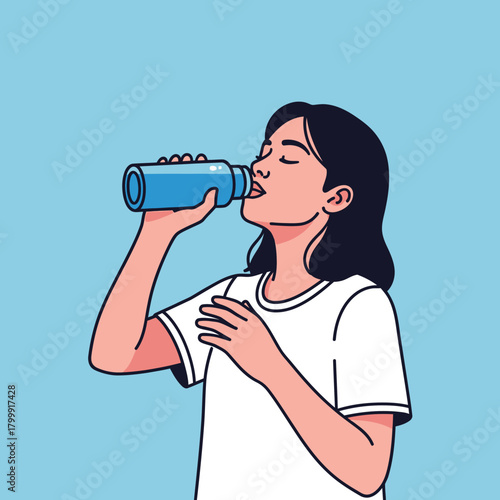 Illustration of a young woman with dark hair drinking water from a blue reusable bottle to stay hydrated.