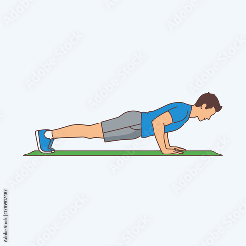 Vector illustration of a man in sportswear performing a push-up on a green exercise mat.