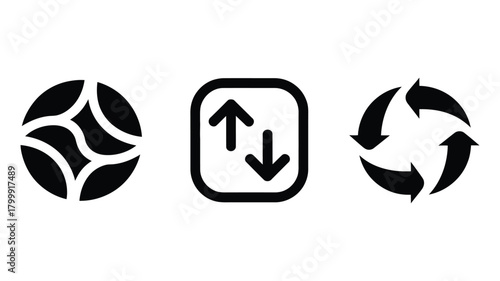 Minimalist black vector icon set: organic pattern, bidirectional data transfer, and circular recycling symbols for web, apps, and sustainable design concepts.