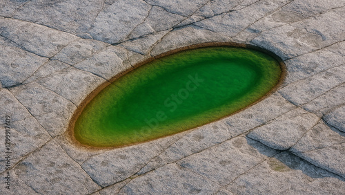 Oval green water pool in cracked grey rock stone