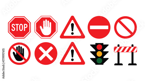Road safety signs and symbols collection: stop, warning, prohibition, no entry, traffic light, and barrier for diverse design needs