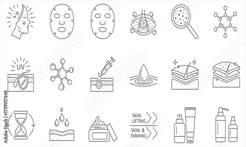 Comprehensive set of minimalist line icons detailing various skincare routines, beauty treatments, cosmetic procedures, and dermatological concepts for radiant, healthy skin