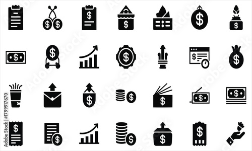 Collection of black and white finance icons representing money, investments, and business growth concepts