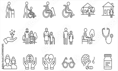 A collection of line icons representing senior citizen healthcare, disability support, and assisted living services