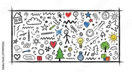 Colorful doodle illustration with various symbols and icons on a white background.