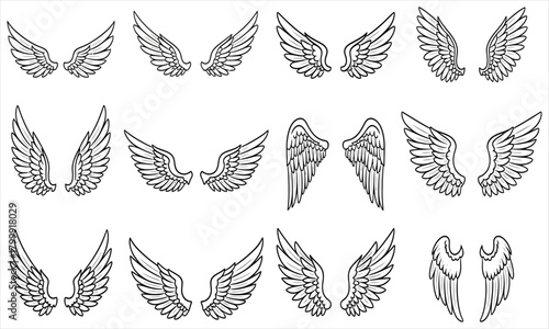 A detailed collection of twelve vintage hand-drawn angel and bird wings, isolated vector illustrations for tattoo or logo design