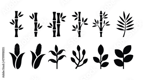 Collection of diverse plant silhouettes featuring bamboo stalks, corn, and various leafy branches, ideal for eco-friendly design elements and natural themes.