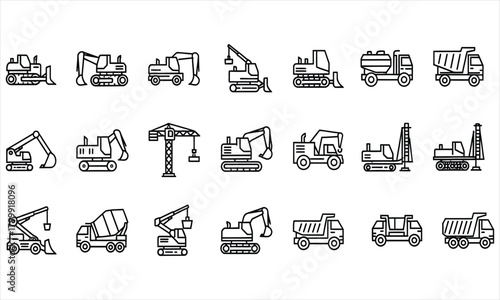Vector line art icons set of various construction vehicles and heavy machinery. Includes excavators, dump trucks, cranes, and loaders for industrial design elements