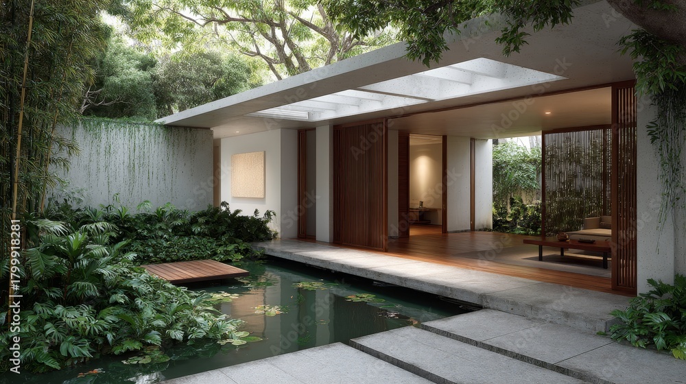 Fototapeta premium Modern minimalist bungalow with indooroutdoor living space, lush tropical greenery, serene pond, wooden accents, and soft twilight glow creating tranquil ambiance