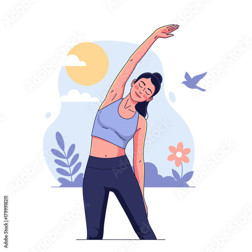 A young woman in athletic wear performs a side stretch exercise outdoors, promoting a healthy and active lifestyle.