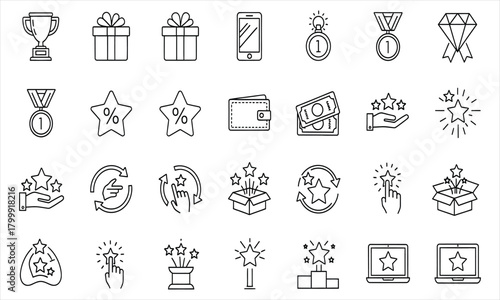 Modern Outline Vector Icons Set for Loyalty Programs, Customer Rewards, Business Engagement, Bonuses, and Achievement Badges, Illustrating Success and Exclusive Benefits