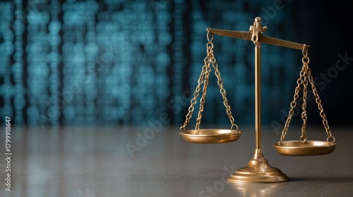 Bronze balance scale with glowing binary code background illuminated by soft blue light symbolizing justice and technology concept