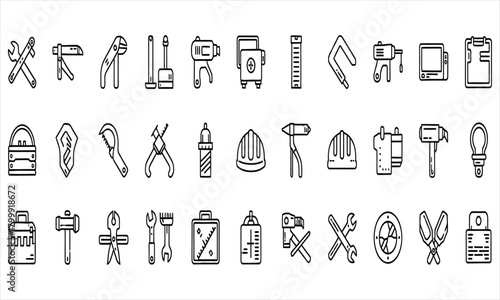 Comprehensive Collection of Hand Tools and Workshop Equipment Line Icons for Construction and Repair Projects, Ideal for Professional Tradesmen and DIY Enthusiasts