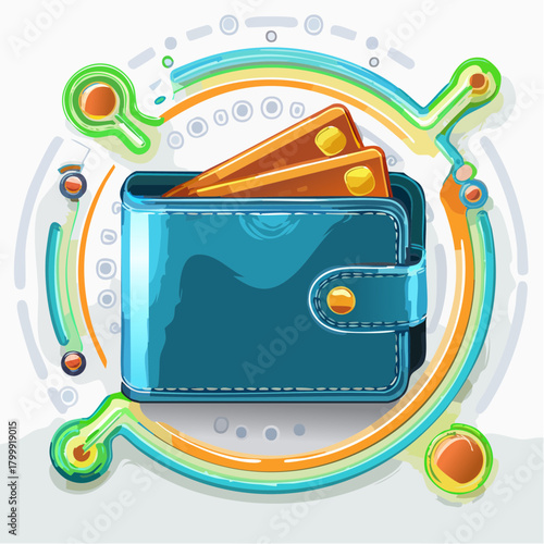 Wallet with Credit Cards Surrounded by Abstract Design Elements.
