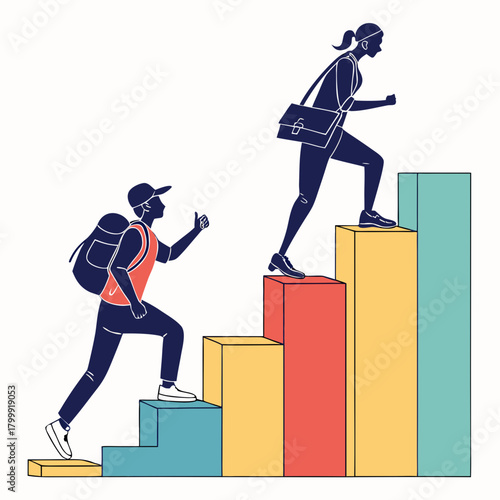 Two diverse individuals climbing colorful bar chart steps representing career growth and success