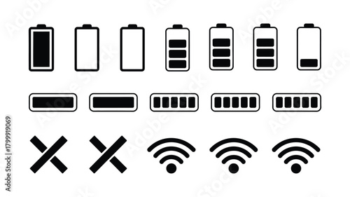 Battery, wireless signal, and status icons set for mobile devices. indicators for charge level, network strength, and connection errors.