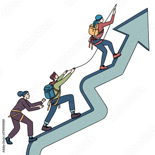Team of climbers ascending a blue arrow graph representing growth and success together
