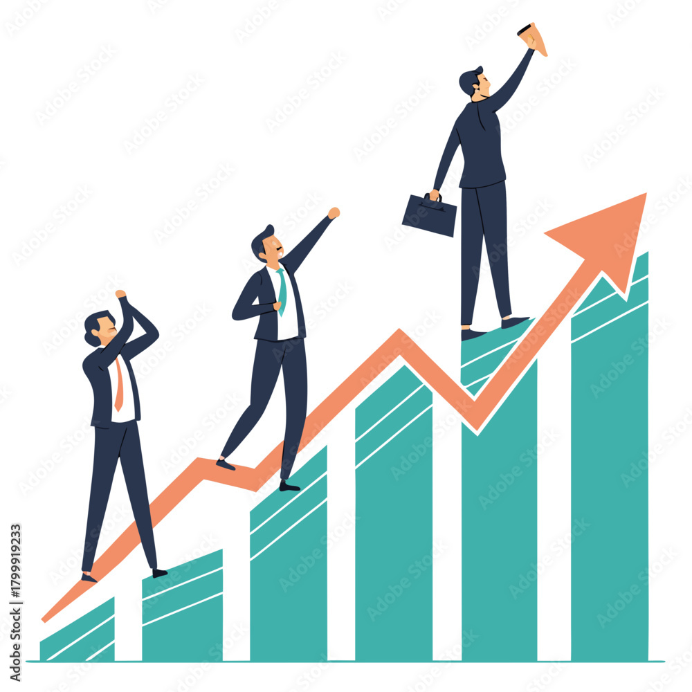 Fototapeta premium Businessmen climbing up a rising bar graph representing success and growth