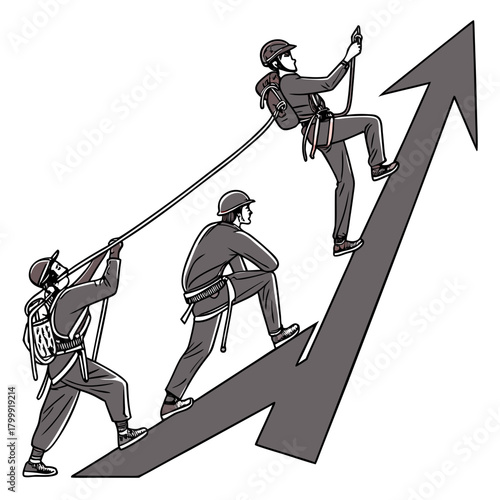 Teamwork and collaboration as climbers ascend a steep upward trending arrow graph symbolizing success