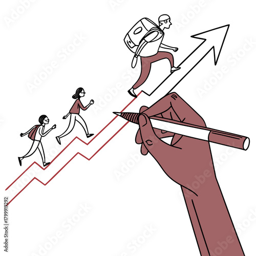 Hand draws an upward trend line with people running up the graph towards success