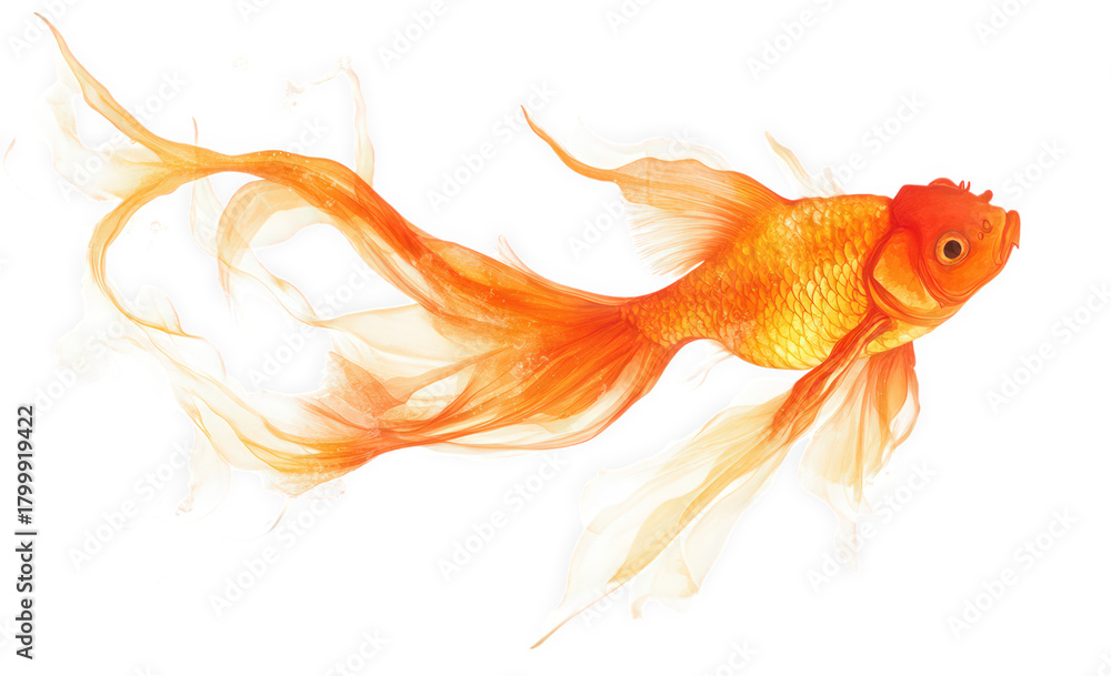 Fototapeta premium A golden goldfish isolated on transparent background, showcasing its vibrant color, flowing fins, and graceful form against a clean backdrop, creating a captivating image
