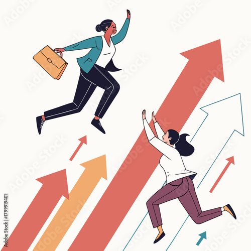 Two determined businesswomen celebrate success and progress on upward trending arrows