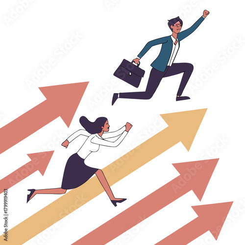 Business people running up rising arrows symbolizing career growth and success on a white background