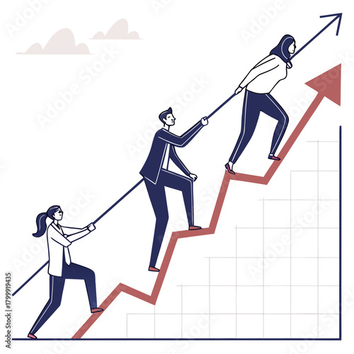 Teamwork and collaboration to achieve business growth and success on a rising graph